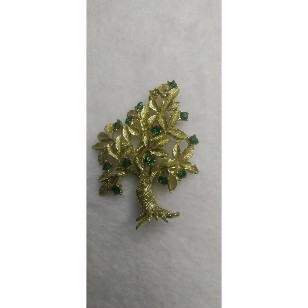 Dodds‎ Vintage Tree of Life Brooch Gold Tone Emerald Green Rhinestone Pin